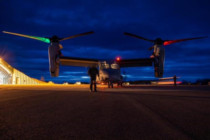 U.S. Marines inspect a MV-22B Osprey prior to flight at Norwegian Air Force Base Bodo during Exercise Cold Response 22, Norway, March 16, 2022. Four U.S. Marines were killed when their Osprey aircraft crashed in a Norwegian town in the Arctic Circle during a NATO exercise unrelated to Russia's war in Ukraine, authorities said Saturday, March 19. Norwegian Prime Minister Jonas Gahr Stoere tweeted that they died in the crash on Friday night. The cause was under investigation.
