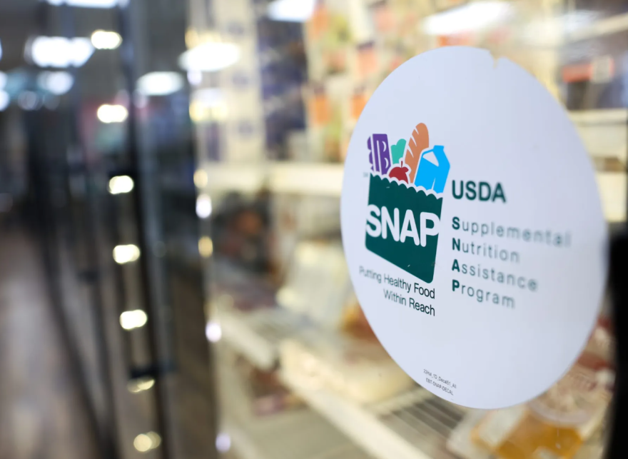 A Supplemental Nutrition Assistance Program sticker sits on a fridge at the Afghan Halal Market on March 31, 2026, in Fort Worth.