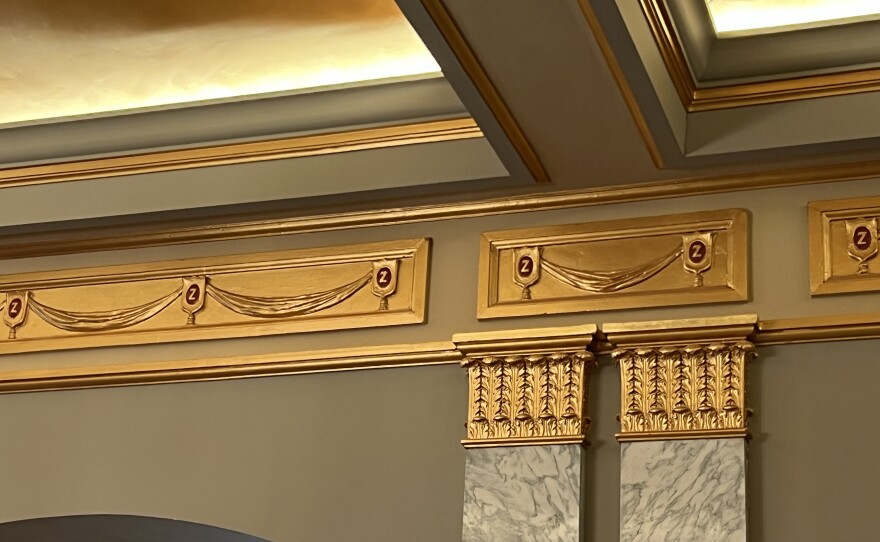 Detail of the restored ornamentation in the Zeiterion lobby. The historic Zeiterion theater in New Bedford is reopening after a two-year, $37 million renovation. Images from Jan. 6, 2026 — 11 days before the opening show.