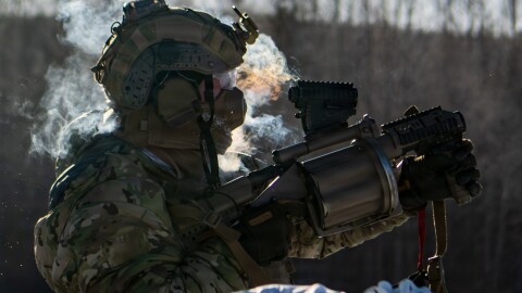A U.S. Marine Raider assigned to Marine Forces Special Operations Command conducts live-fire training on Fort Greely as part of Arctic Edge 2026