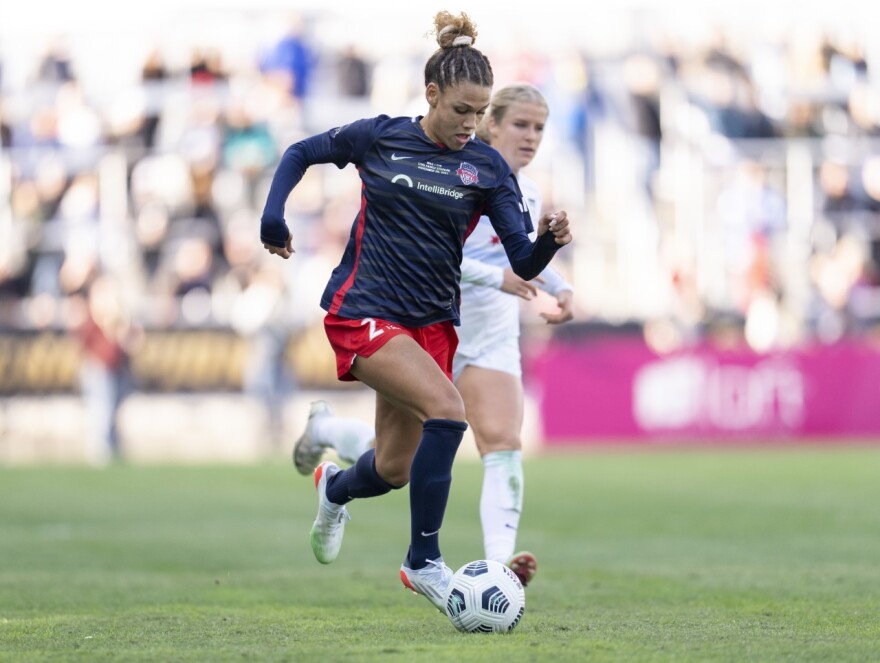 LEESBURG, VA - JULY 18: Washington Spirit forward Trinity Rodman (2) smiles  after scoring a first half goal during the NWSL game between New Jersey /  New York Gotham FC and Washington