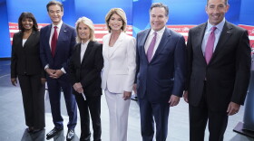 Kathy Barnette, Mehmet Oz, moderator Greta Van Susteren, Carla Sands, David McCormick, and Jeff Bartos, (left to right) pose for photo before they take part in a debate for Pennsylvania U.S. Senate Republican candidates, Wednesday, May 4, 2022, in Grove City, Pa.