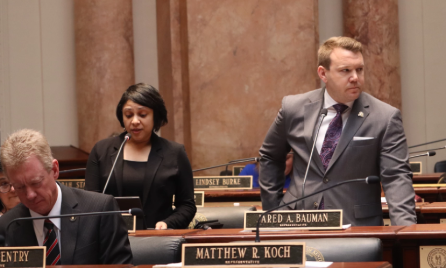 Louisville Democratic Rep. Nima Kulkarni speaks against House Bill 5, dubbed the Safer Kentucky Act, as Rep. Jared Bauman, a Louisville Republican, listens in floor debate Thursday.