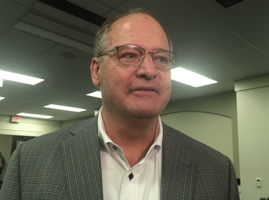 Former Kentucky House Speaker Jeff Hoover speaks with reporters on Tuesday, April 10, 2018, in Frankfort, Ky. 