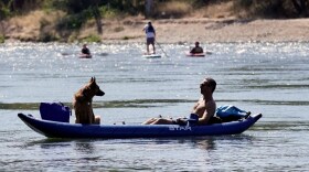 Alex Nowinski and his dog, Greta, join others floating down the cooling water of the American River in Rancho Cordova, Calif., Friday, Sept. 2, 2022.