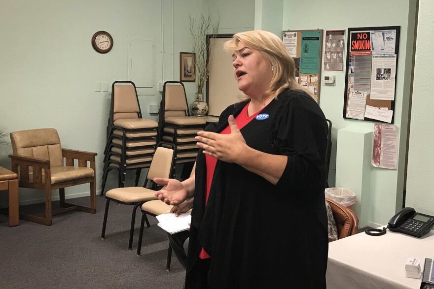 Lesia Romanov, Dennis Hof's Democratic challenger, addresses a meeting of Democrats in Pahrump, Nev.
