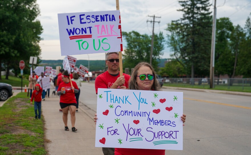 Advanced practice providers picket outside Essentia Health-Virginia on the first day of their strike, July 10, 2025.