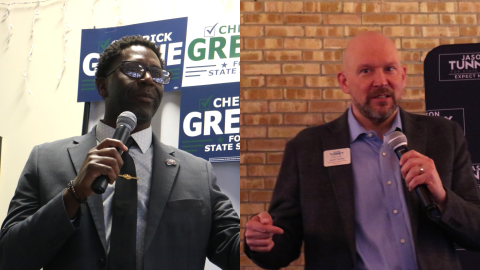 Democrat Chedrick Greene (left) and Republican Jason Tunney (right) both speaking to voters in the city of Midland at campaign events on March 18, 2026.