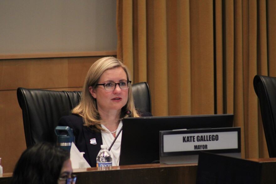 Kate Gallego, Mayor of Phoenix, listens to a city council meeting on April 28, 2026.