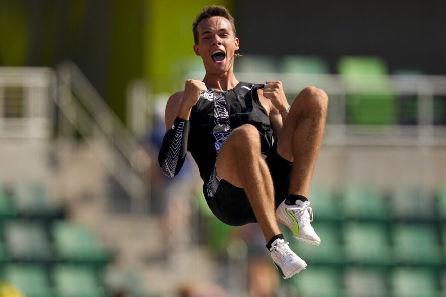 KC Lightfoot celebrates during the finals of the men's pole vault at the U.S. Olympic Track and Field Trials Monday, June 21, 2021, in Eugene, Ore.