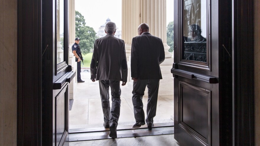 Members of the House of Representatives leave after a procedural vote on Capitol Hill in Washington on Friday, as Republicans reshaped legislation to deal with the border crisis, a day after Congress was supposed to go into its August recess.