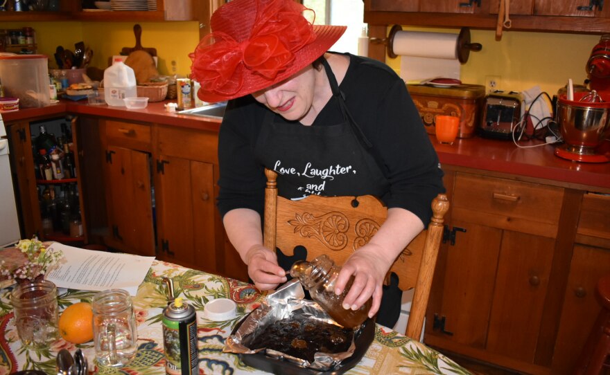 Author Tinky Weisblat prepares rhubarb brownies from the cookbook, "Love, Laughter, and Rhubarb."