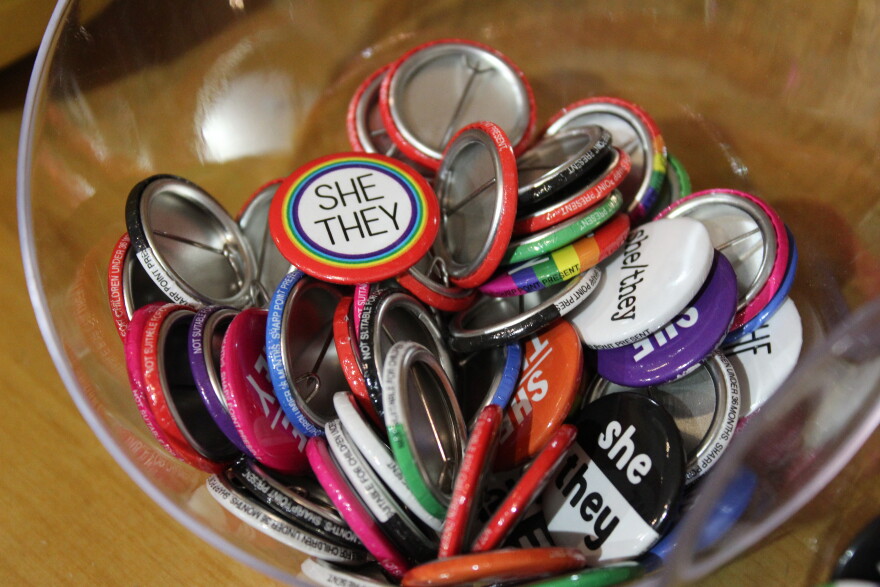 Gender pronoun buttons display an individual's personal pronouns and help prevent misgendering.