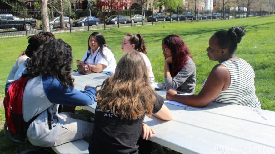 Students from Maret and Cesar Chavez gathered on the lawn of Maret's campus to discuss race, stereotypes and politics.
(Mikaela Lefrak / WAMU)
