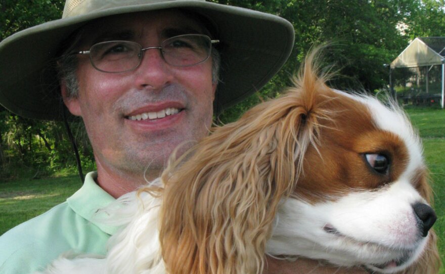 Tom's son Francesco DeBaggio, 45, with his dog Tucker, named after the lavender Tom introduced called Tucker's Early Purple. Francesco says he hasn't read the books his father wrote about Alzheimer's and isn't interested in seeing a genetic counselor. "It's just too raw," he says.
