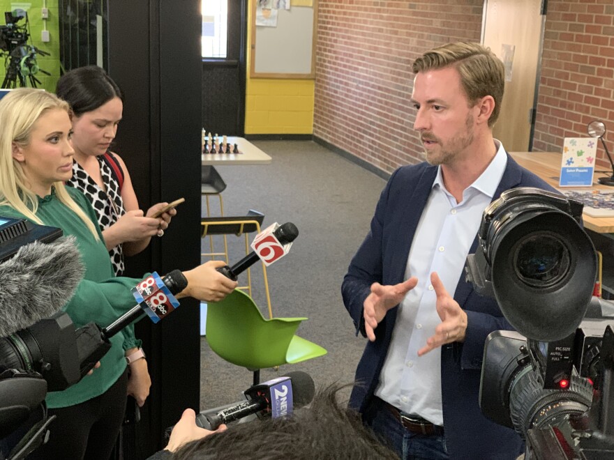 Oklahoma State Superintendent Ryan Walters speaks to reporters on Wednesday, Jan. 31, 2024, at Tulsa Public Schools' Monroe Demonstration Academy.