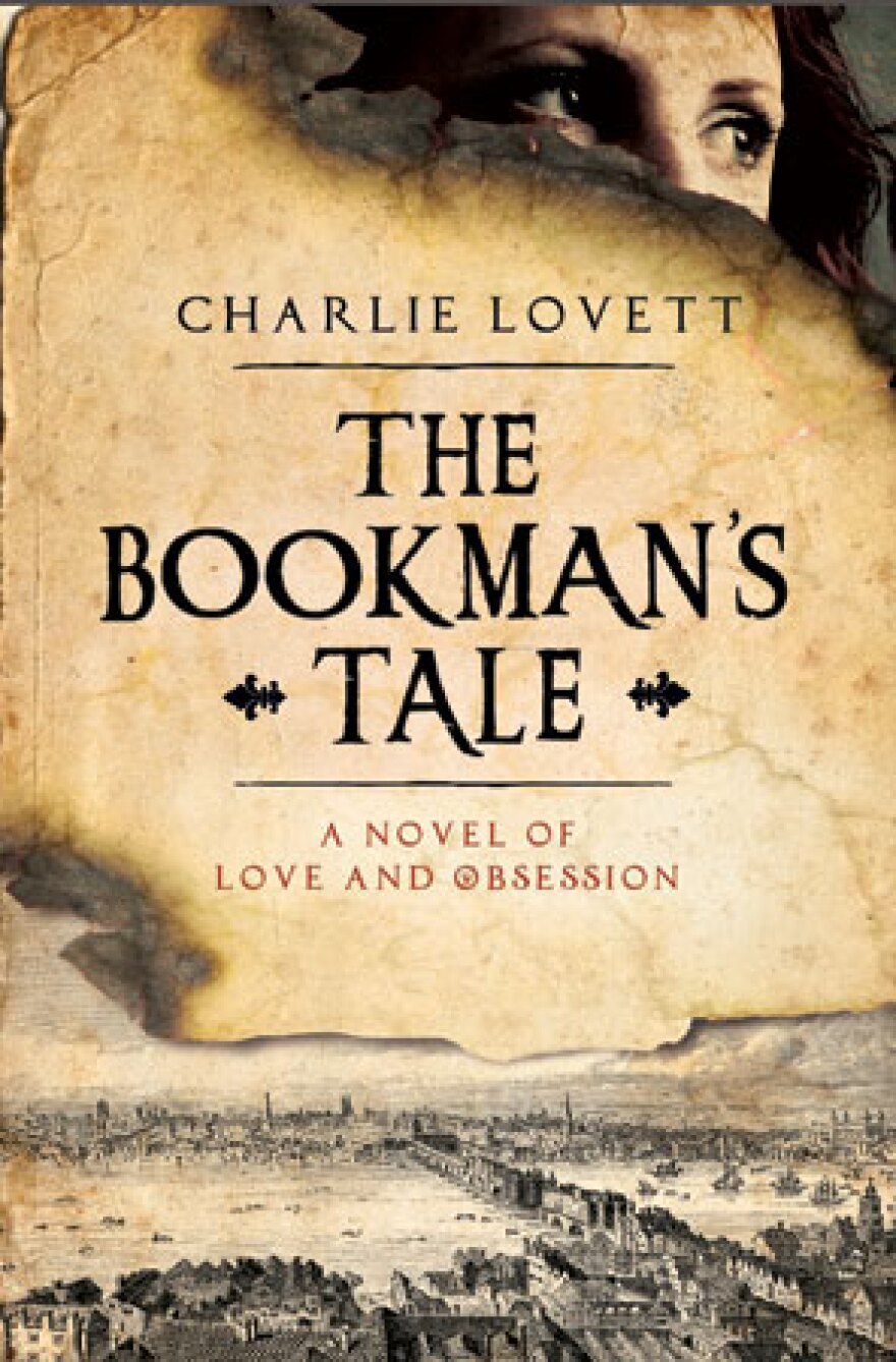 Cover for "The Bookman's Tale"   by Charlie Lovett  - showing old parchment with face peering from behind the top right corner and a sepia landscape at the bottom of the page