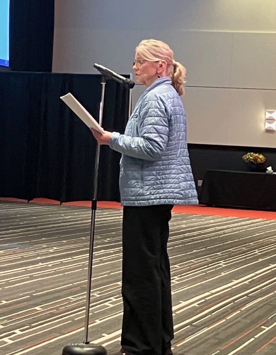 Linda Golinghorst, who lives close to the plant site, spoke at Monday's IUC meeting at Rhythm City Event Center.