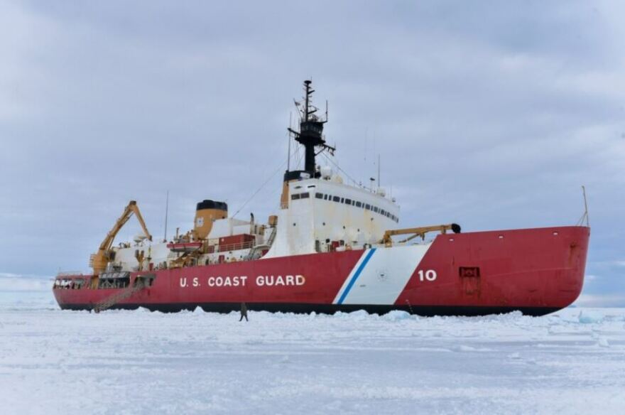 U.S. Coast Guard Cutter Polar Star sits on a cloudy day in Antarctica, Jan. 17, 2022.