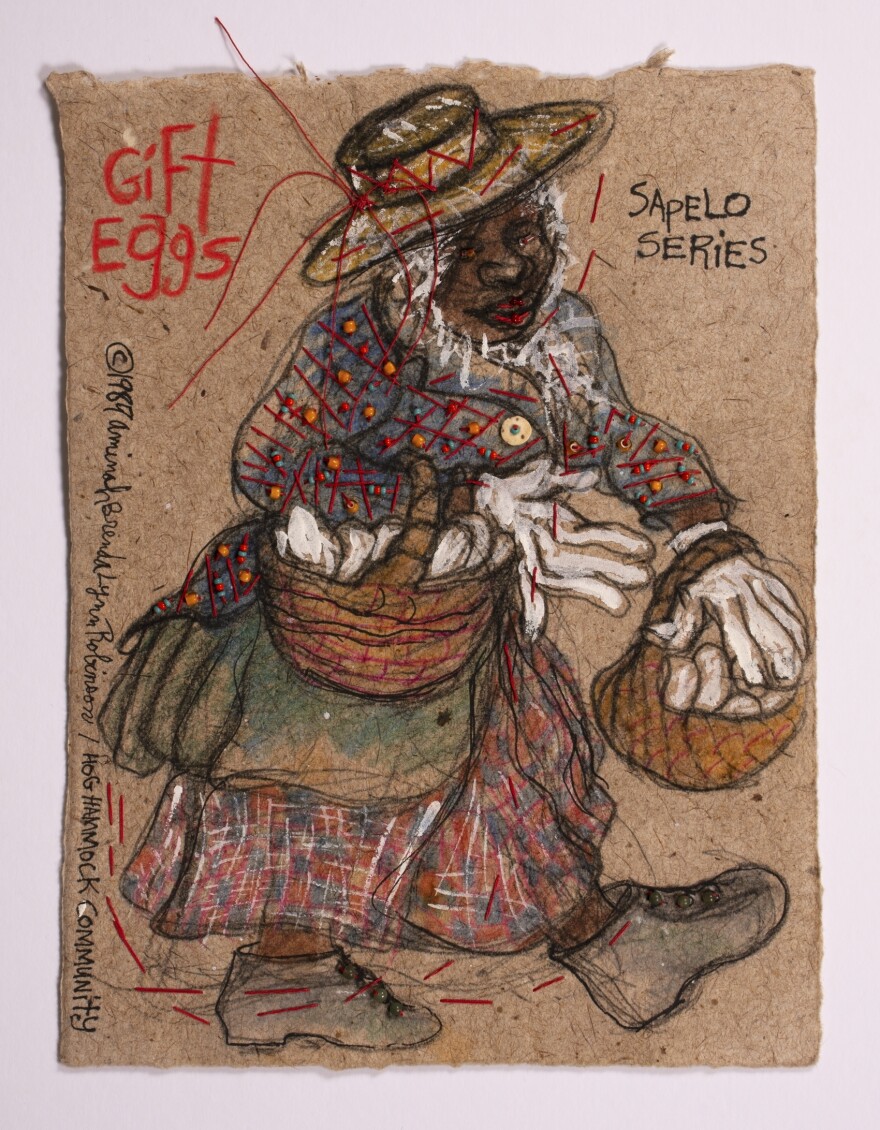 <em>Gift Eggs</em>, 1984 (Rag painting with beads, 12 ½ x 9 ½ in)