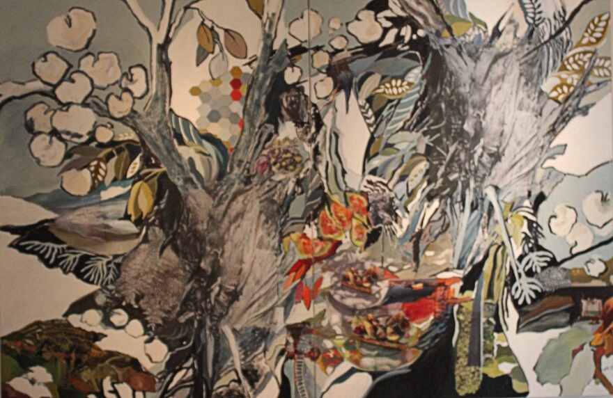 Colorful large-scale collage-based painting by Naples artist Mally Khorasantchi that's part of 'Florida Contemporary 2025-26' exhibition at The Baker Museum.