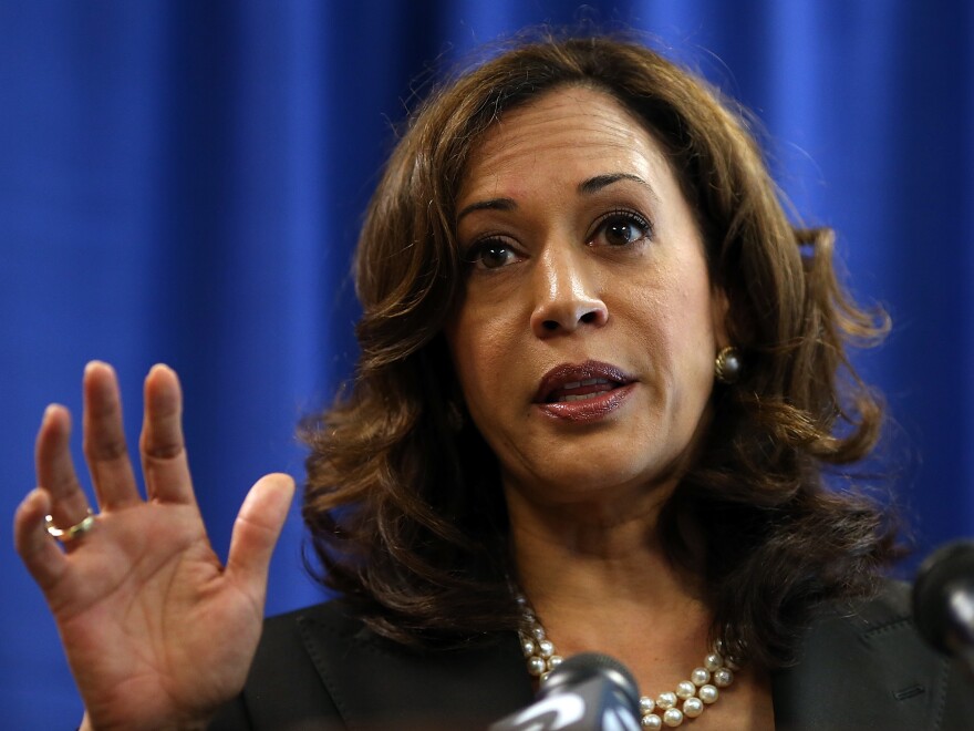 Kamala Harris, then California attorney general, speaks to reporters on July 11, 2012.