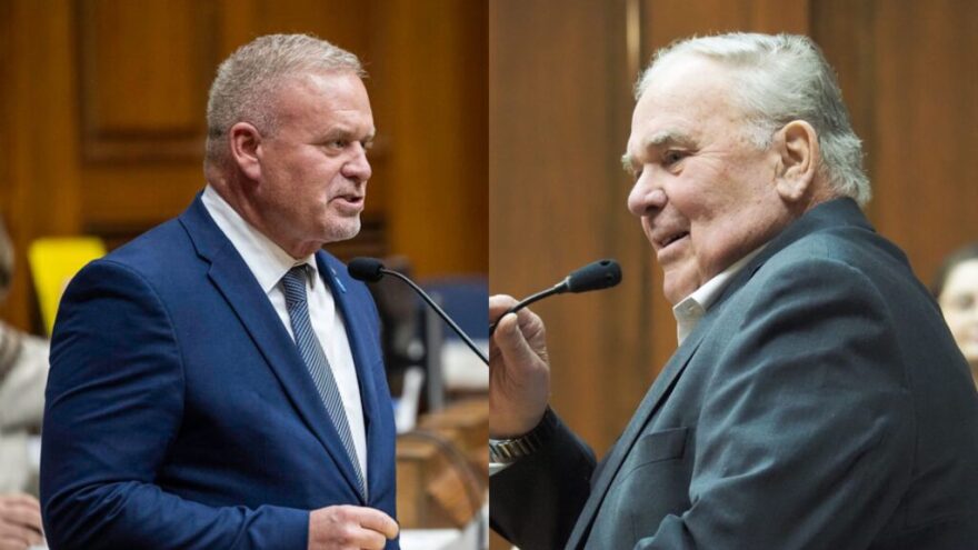 Left: State Rep. Craig Haggard, R-Mooresville, speaks in the House chamber on Feb. 2, 2026. Right: U.S. Rep. Jim Baird of Indiana visits the chamber on Monday, Jan. 8, 2024. Haggard is a white man wearing a navy blue suit speaking into a microphone. Baird is a white man wearing a black suit speaking into a microphone. 
