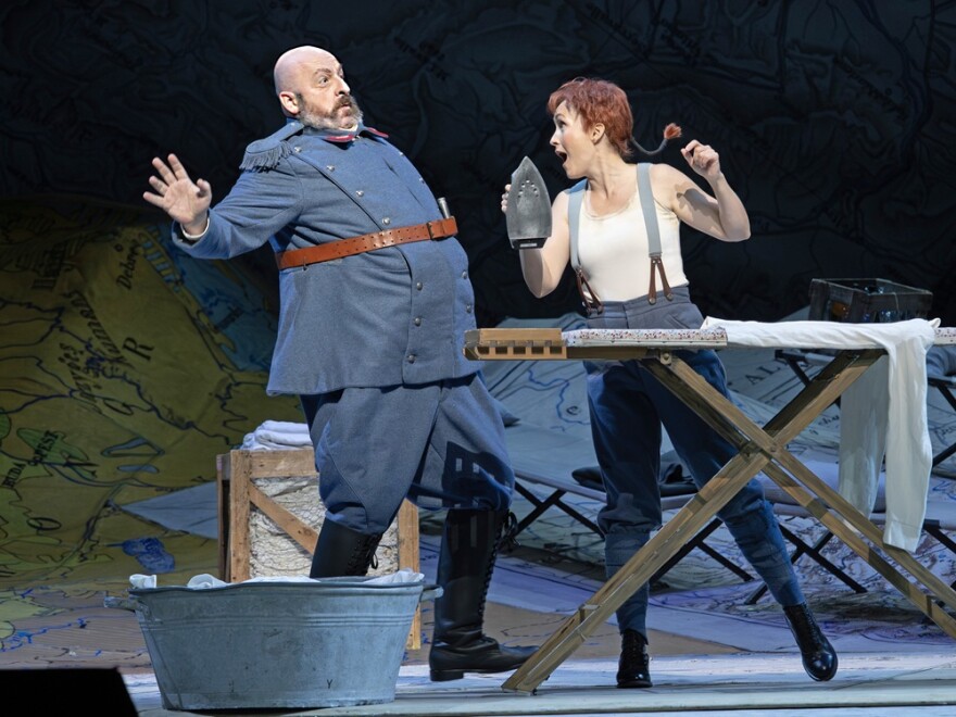 Peter Kálmán as Sulpice and Erin Morley as Marie in Donizetti's "La Fille du Régiment."