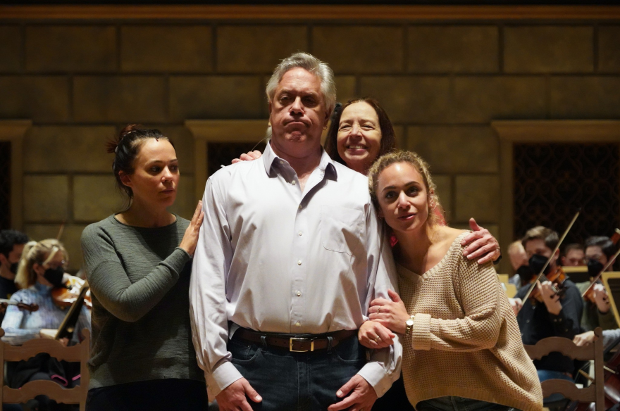 From left, Rachele Gilmore (Gretel), Stephen Powell (Father), Katherine Ciesinski (Mother), and Reilly Nelson (Hansel) rehearse the RPO's "Hansel and Gretel."