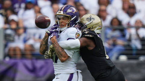 New Orleans Saints cornerback Kool-Aid McKinstry (1) breaks up a pass intended for Baltimore Ravens wide receiver Chris Moore (17) in the second half of an NFL football game in Baltimore, Sunday, Sept. 20, 2026. (AP Photo/Stephanie Scarbrough)