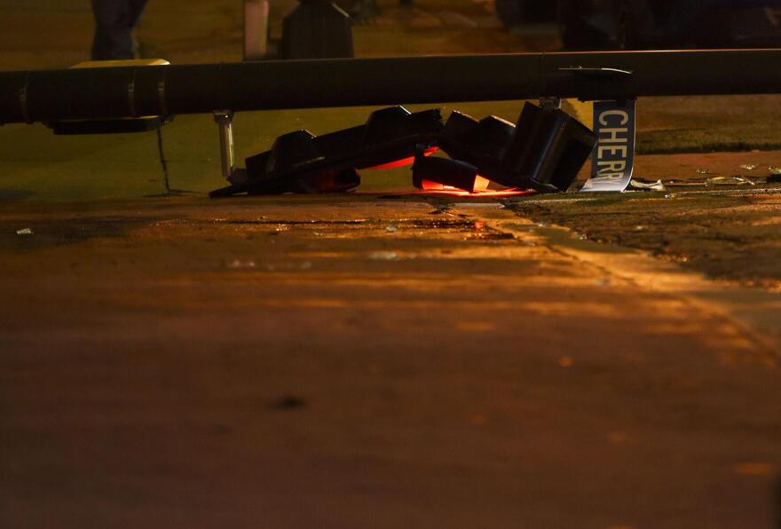 A traffic light blocks the intersection of Seventh and Cherry streets after being knocked over by the wind Wednesday evening in downtown Columbia. High-speed winds and high temperatures raged throughout the Midwest on Wednesday.