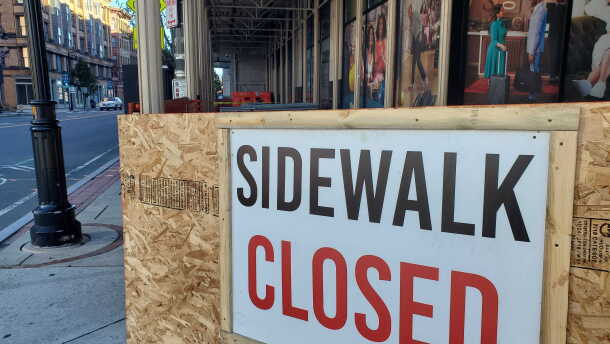 The sidewalk on the corner of the MGM Springfield property on Main and State streets remains closed.