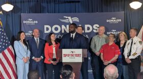 Byron Donalds speaking at the Tampa Firefighters Museum on Aug. 8, 2026.