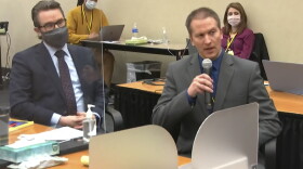FILE - In this April 15, 2021, file image from video, defense attorney Eric Nelson, left, and former Minneapolis police Officer Derek Chauvin address Judge Peter Cahill at the courthouse in Minneapolis during Chauvin's trial in the death of George Floyd. (Court TV via AP, Pool, File)