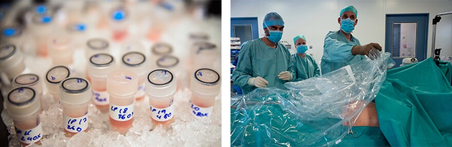 Left: Vials with biological samples are stored on ice before they are analyzed to see how they are affected by chemotherapy drugs at the Cancer Research UK Cambridge Institute on December 9, 2014 in England. Right: Surgeons at the Georges-Francois Leclerc Centre in France treat a patient with pressurized intraperitoneal aerosol chemotherapy (PIPAC), which causes no harmful side-effects.