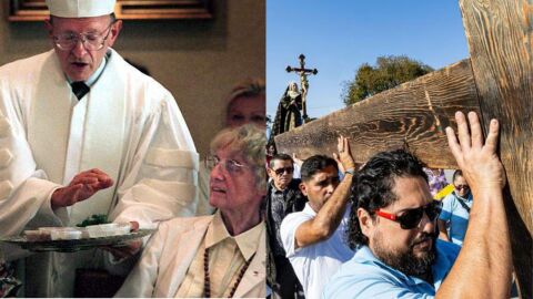 (Left) In an archival photo from 2021, Rabbi Solomon Schiff explains the Seder foods. to patients at Mount Sinai Medical Center on Miami Beach. // (Right) From right to left: Carlos Ruiz, 36, Alberto Bastidas, 47, Roberto Aguirre, 65, and Maria Fernandez, 73, carry a wooden cross during the Living Stations of the Cross procession near the Cathedral of St. Mary on Friday, April 18, 2025, in Miami, Fla. Photo by Matias J. Ocner