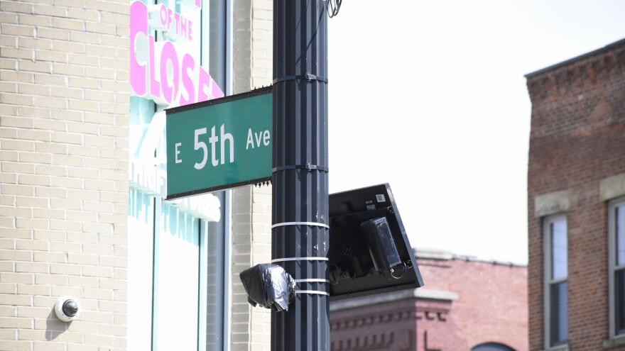 A Flock Safety automatic license plate camera at the corner of 5th Avenue and North High Street was covered with a plastic bag on September 4, 2026 by the Columbus Division of Police after Mayor Andrew Ginther suspended the use of the surveillance technology.