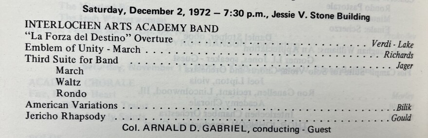 Program from the December 2, 1972 Interlochen Arts Academy Band concert
