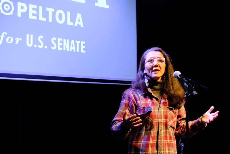 Mary Peltola speaks to a crowd of supporters for her candidacy for U.S. Senate at a campaign kick off event in Juneau on Jan. 23, 2026.