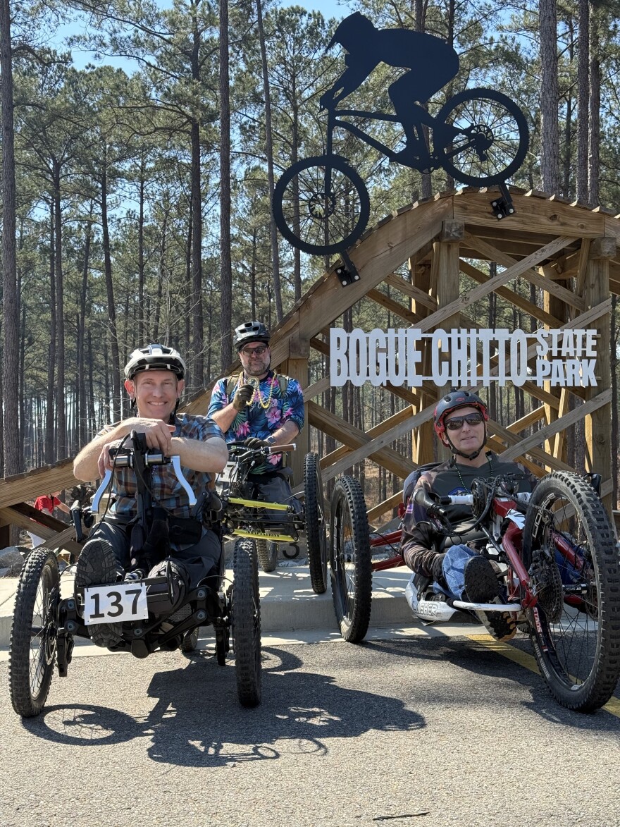Louisiana military veterans ride the Bogue Chitto Mountain Bike Trail.