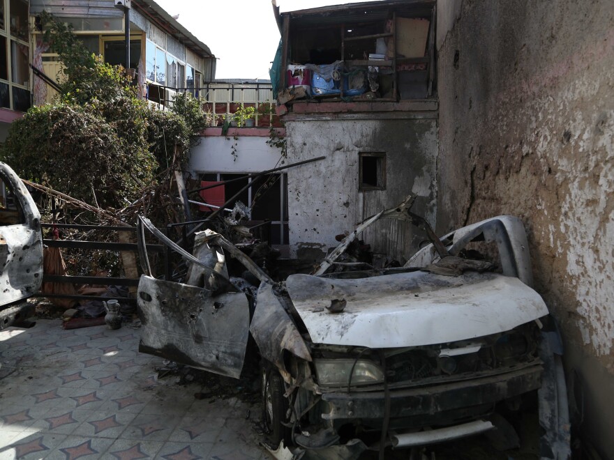 Photo taken on Sept. 2, 2021 shows a damaged vehicle at the site of the U.S. airstrike in Kabul, capital of Afghanistan. TO GO WITH: "Feature: Neighbor, relative of drone strike victims lambaste U.S. killing in Afghanistan. (Photo by Saifurahman Safi/Xinhua via Getty Images)