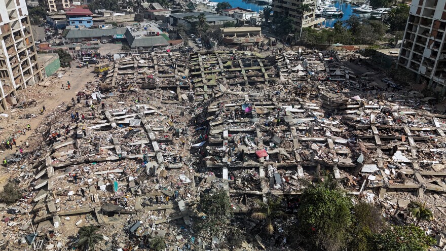 Various collapsed buildings. 