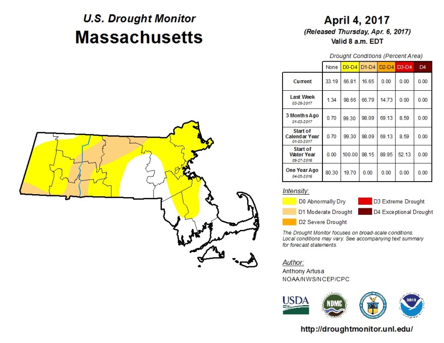 The latest drought survey map for Massachusetts, as of April 6, 2017.