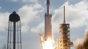 The SpaceX Falcon Heavy launches from Pad 39A at the Kennedy Space Center in Florida, on Feb. 6, 2018, on its demonstration mission.
The world's most powerful rocket blasted off Tuesday on its highly anticipated maiden test flight, carrying CEO Elon Musk's cherry red Tesla roadster to an orbit near Mars. (Jim Watson/AFP/Getty Images)