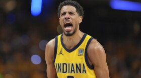 Indiana Pacers guard Tyrese Haliburton reacts after making a three pointer against the Oklahoma City Thunder during the second half of Game 3 of the NBA Finals basketball series, Wednesday, June 11, 2025, in Indianapolis.