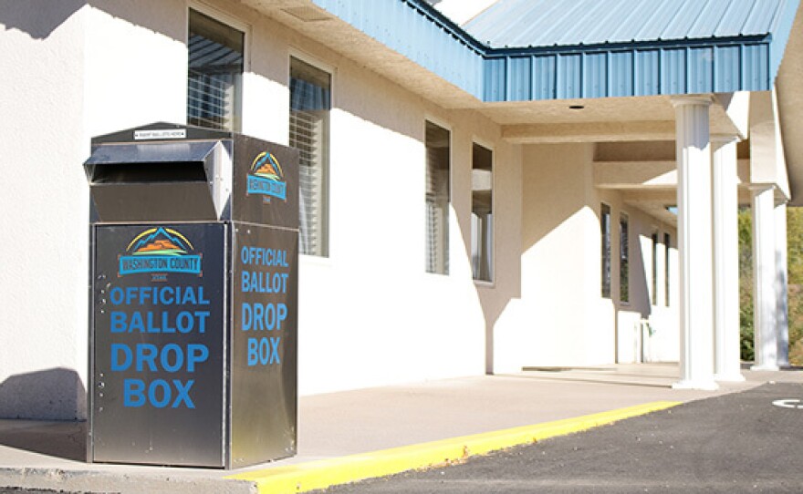 A ballot drop box outside the public library in Hildale.