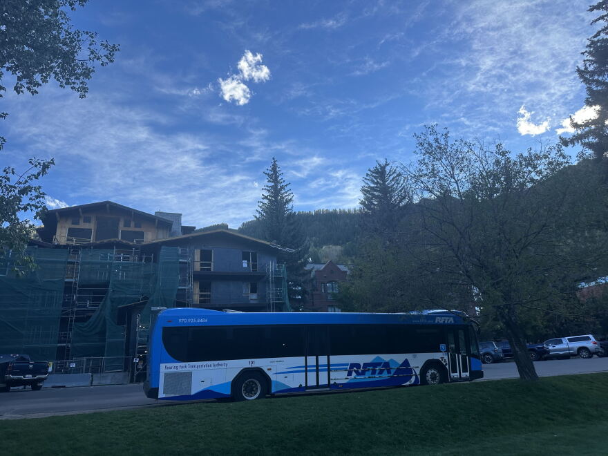 A RFTA bus is parked near the Rubey Park Transit Center in downtown Aspen.