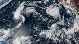 A satellite image shows Hurricane Lowell moving closer to the state on the evening of Monday, Sept. 7, 2026.