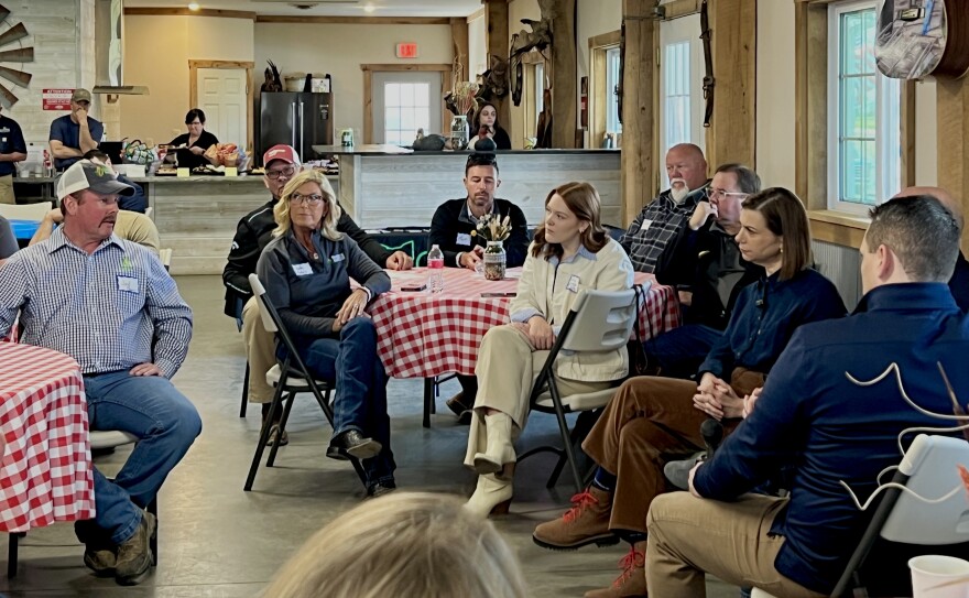 Jed Bower, President of the National Corn and Wheat Growers Association speaks to U.S. Representatives Greg Landsman and Elissa Slotkin at Cherrybend Pheasant Farm