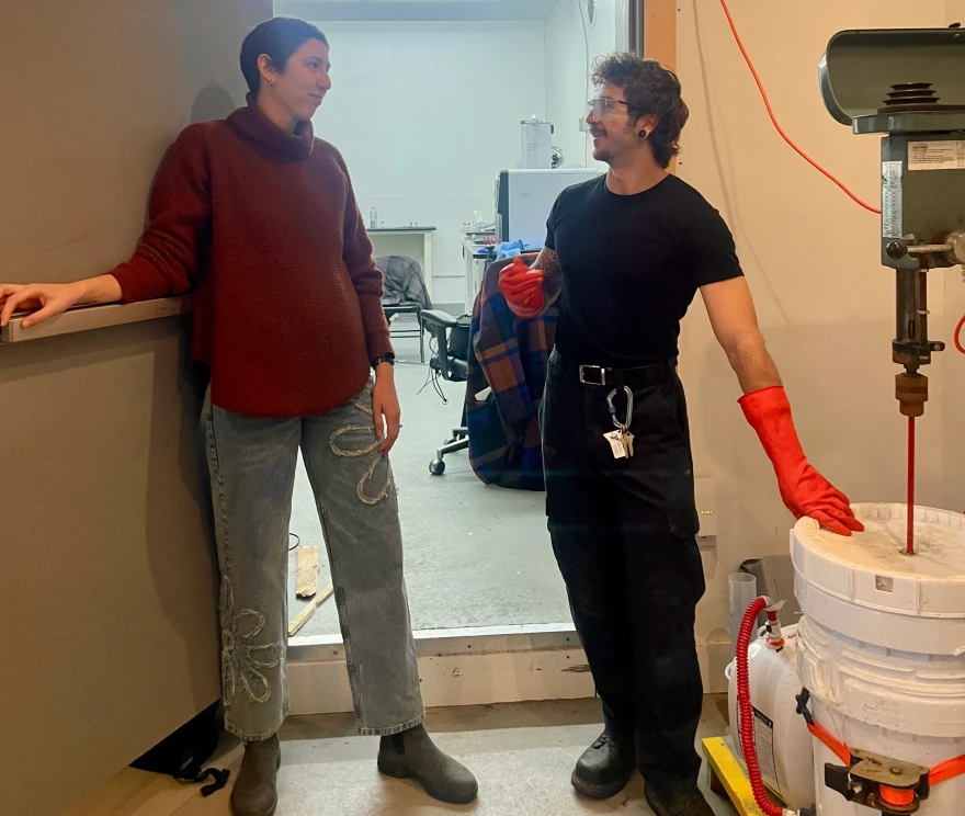 Alexa McGovern and Jack Tennant chat in the Dirigo Sea Farm lab facility in Blue Hill, Maine